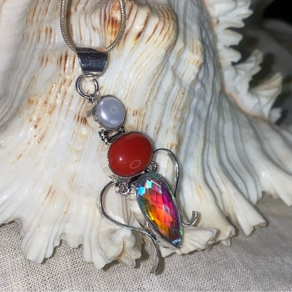 Red Coral + Biwa Pearl + Rainbow Mystic Topaz handcrafted pendant - Picture 4 of 9